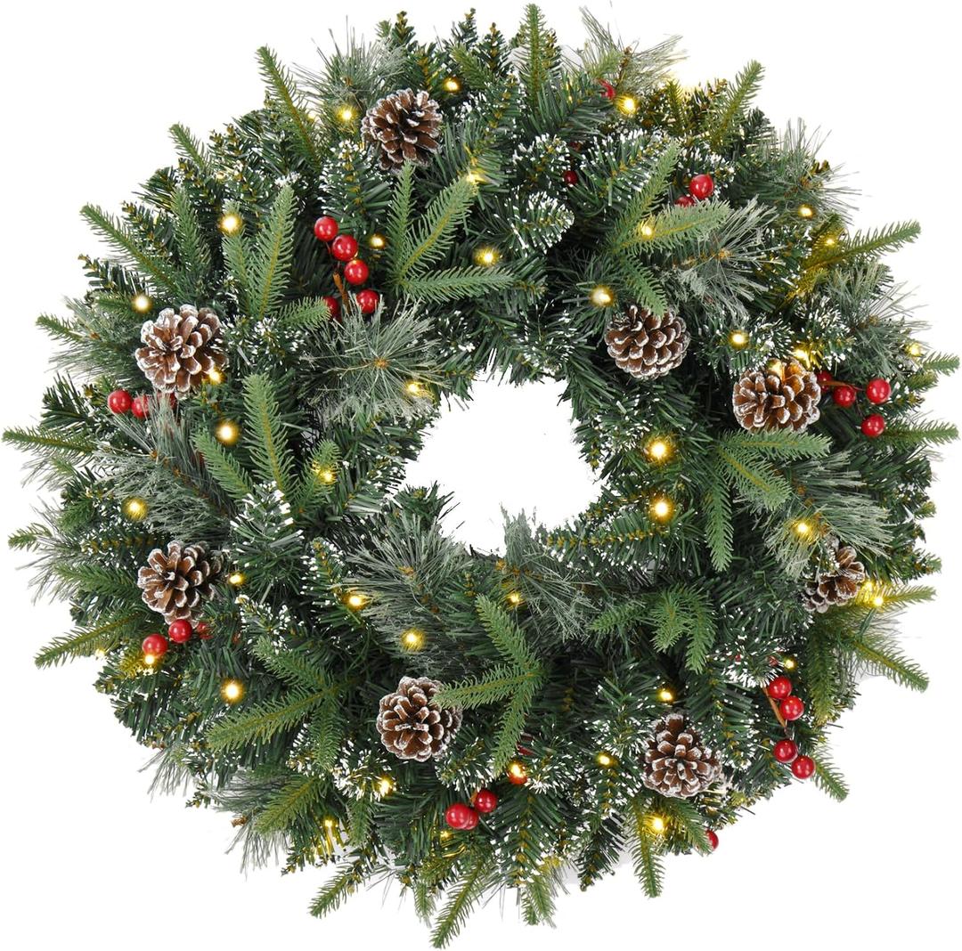 24 Inch Artificial Pre-Lit Christmas Wreath, Warm White & Multi-Color Lights with Timer, Battery Operated, Berries, PineconesHoliday Decoration for Front Door, Outdoor