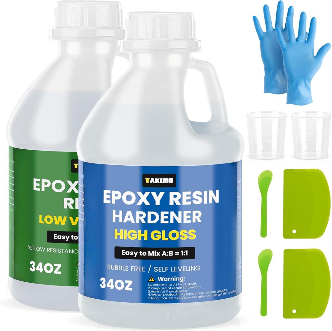 TAKIMO 68OZ Crystal Clear Epoxy Resin Kit - 1:1 Mixing Ratio, Bubble Free & Anti-Yellowing - High Gloss Casting & Coating Resin for Jewelry, River Tables, Bar Top, Countertops & Wood - Heat Resistant