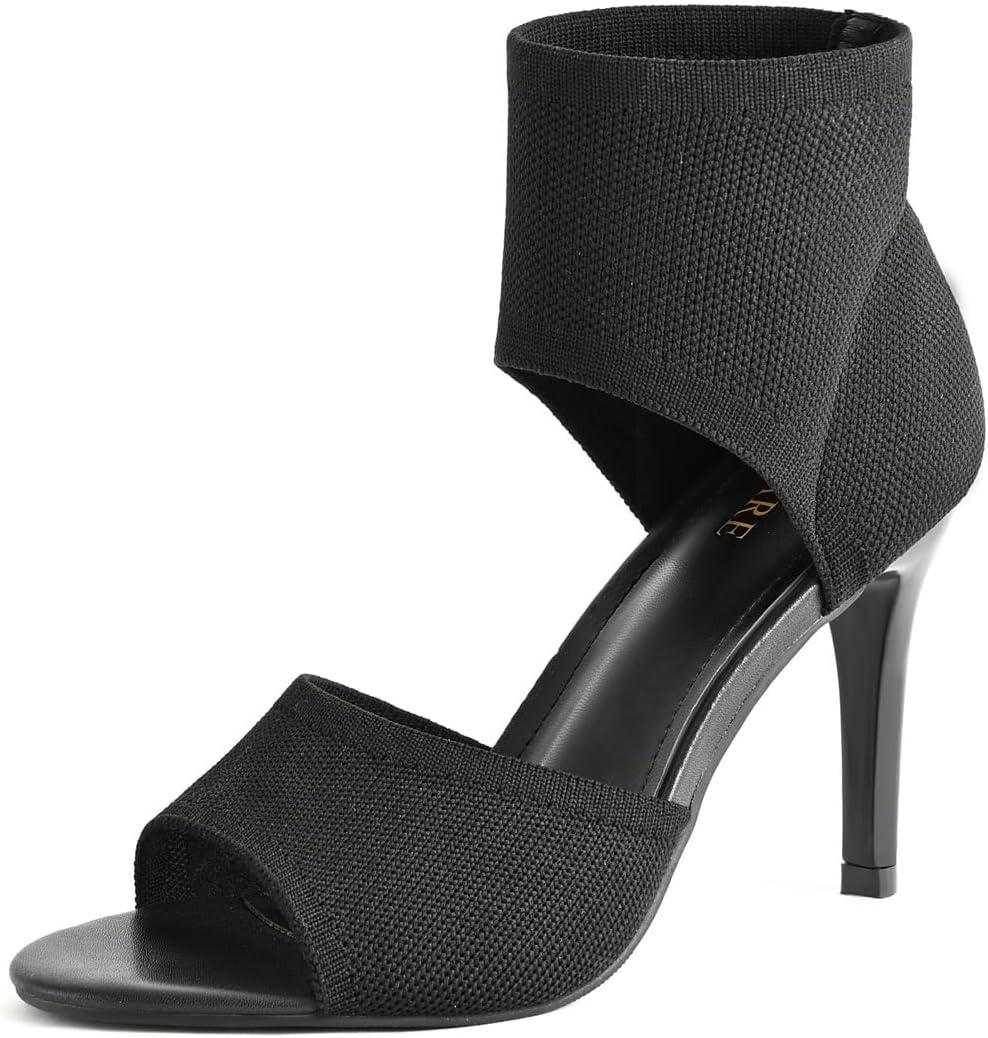 Peep Toe Heels for Women Sexy 3 Inches Stiletto Heeled Sandals for Women Open Toe Wide Stretchy Knit Heel Sandal Booties Slip On Comfortable Dressy Shoes for Prom, Party and Work (6.5)