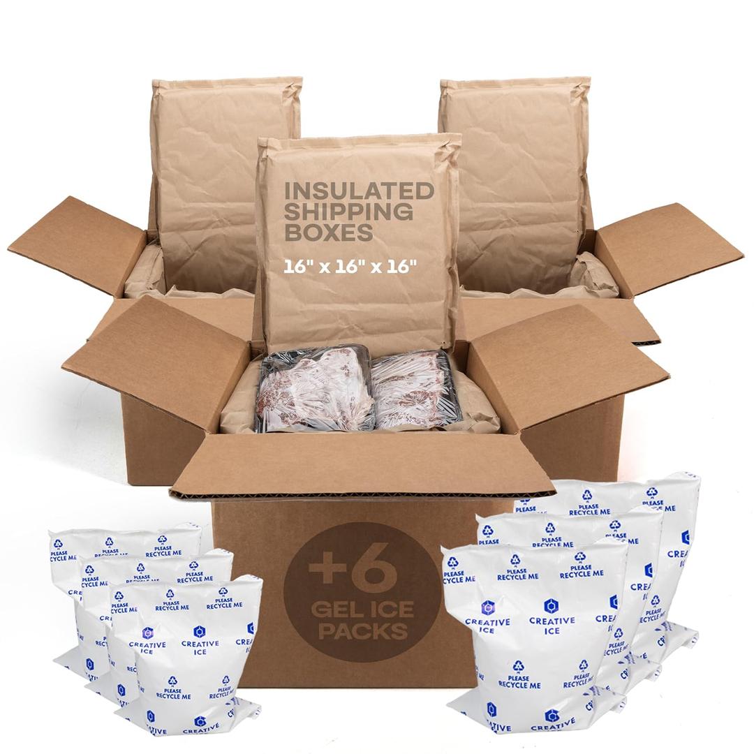 Insulated Thermal Shipping Boxes 16"x16"x16" with 2 Gel Ice Packs, Pack of 3 - USA-Made Cold Food Shipping Box with Absorb Condensation Thermal-Paper Liner - Frozen Food Shipping Kit by IDL Packaging