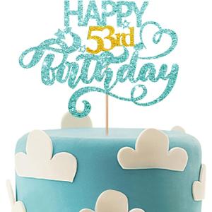 2 x Sky Blue Glitter Happy 53rd Birthday Cake Topper, Fifty Three Years Old Birthday Party Cake Decor, Gold Number 53 Birthday Party Supplies Decorations for Men or Women