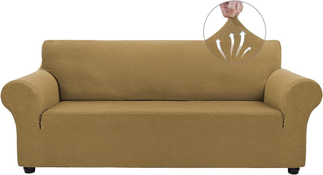 Asnomy Couch Covers for 3 Cushion Couch Stretch Sofa Covers Slipcovers, Pet Protector Furniture Covers for Dogs Cats Spandex Jacquard Fabric Small Checks LargeLight Brown