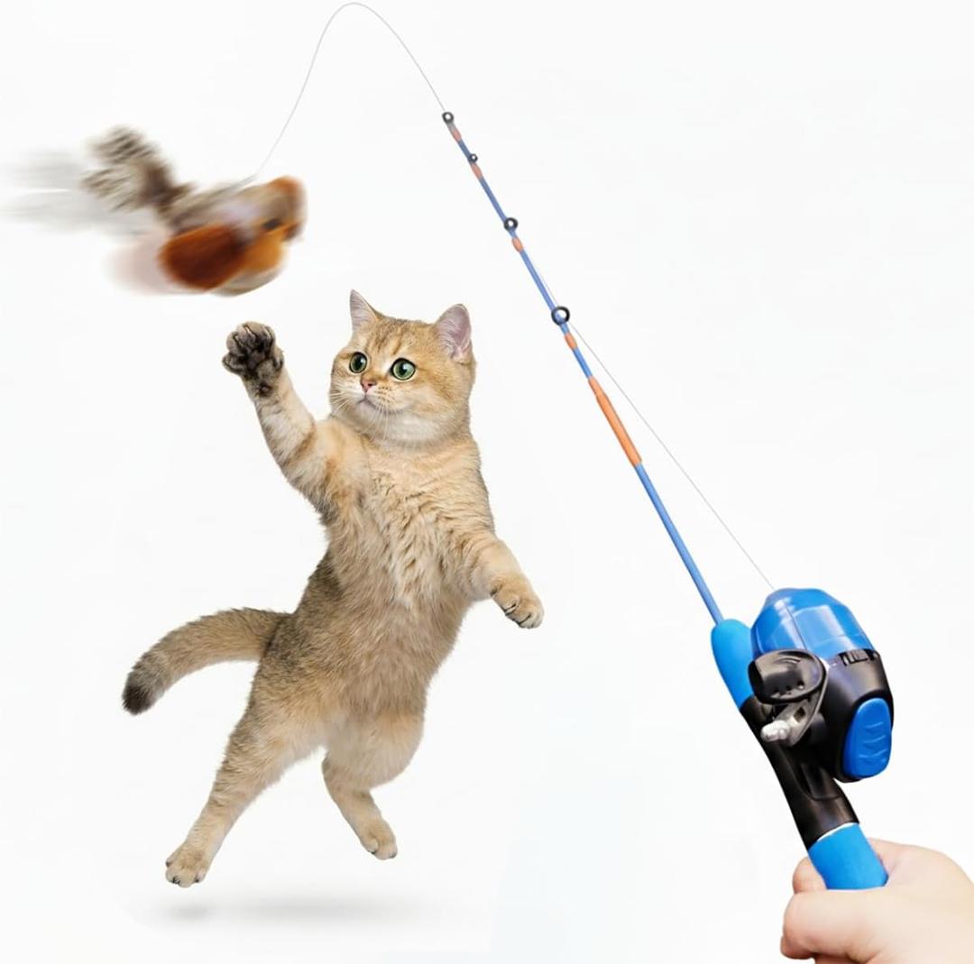 AGGER Cat Casting Fishing Pole Toy, Cat Casting Toy Set, Interactive Toy for Cats, Tangle-Free Design, Cat Toy for Indoor Outdoor Cats
