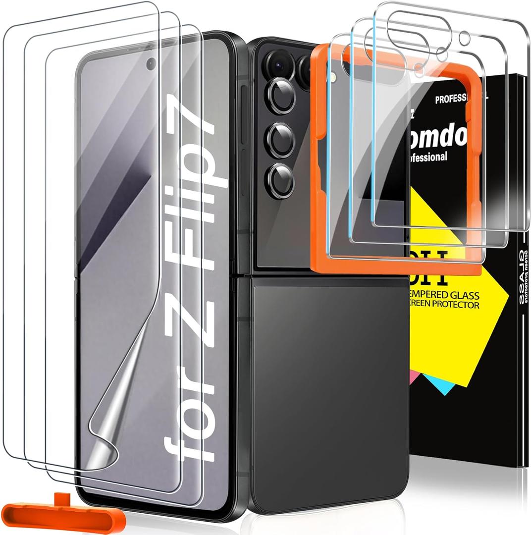 Milomdoi 9 in 1 Screen Protector for Samsung Galaxy Z Flip 7, 3 Inside Flexible Film + 3 Front Tempered Glass + 3 Camera Lens Protector Accessories with Installation Frame,Clear