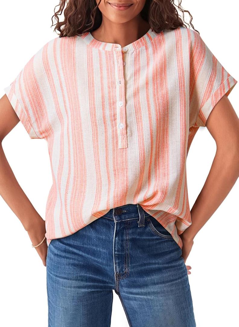 Astylish Womens Striped Henley Neck Linen Shirt Casual Button Down Cap Sleeve Blouse Tops (M)