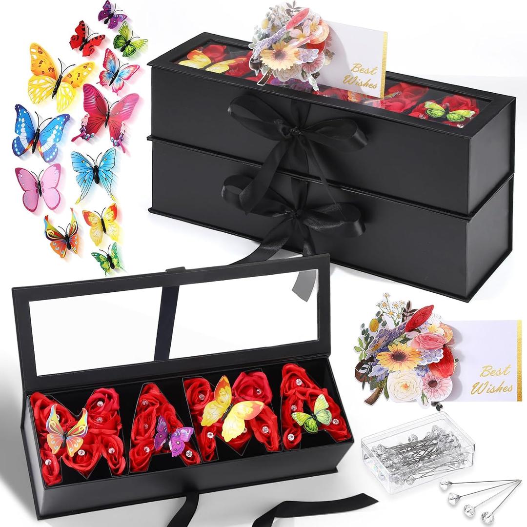 Gilprop 2 Pack Empty Mom Flower Gift Box for Mother's Day Moms Letter Shaped Empty Bouquet Box with 2 Pcs 3D Floral Greeting Card 24 3D Butterfly 50 Crystal Pins for Mother Grandma(Black,Mama)