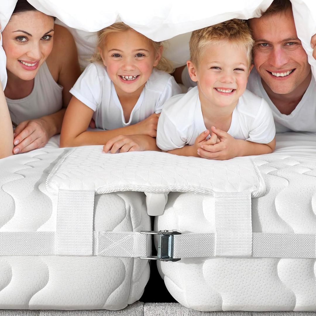 10" Extra Wide Bed Bridge Twin to King Converter Kit - Split King Gap Filler for Adjustable Bed - Mattress Connector & Gap Filler for Bed - Heavy Duty Metal Buckle Strap - 25D Memory Foam (White)