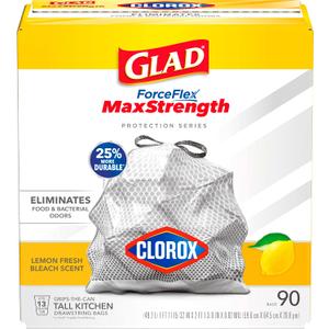 Glad ForceFlex MaxStrength with Clorox Trash Bags, 13 Gal, Lemon Fresh Bleach, 90 Ct, Pack May Vary (90 Count (Pack of 1))