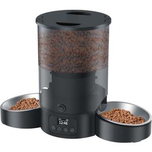 Automatic Cat Feeder for 2 Cats, 3L Food Dispenser SURDY Auto Cat Feeder with 2 Stainless Bowls, 10s Meal Call Dual Power Supply and Timer Setting 12 Portions 6 Meals Per Day for Cats and Dogs (Black)