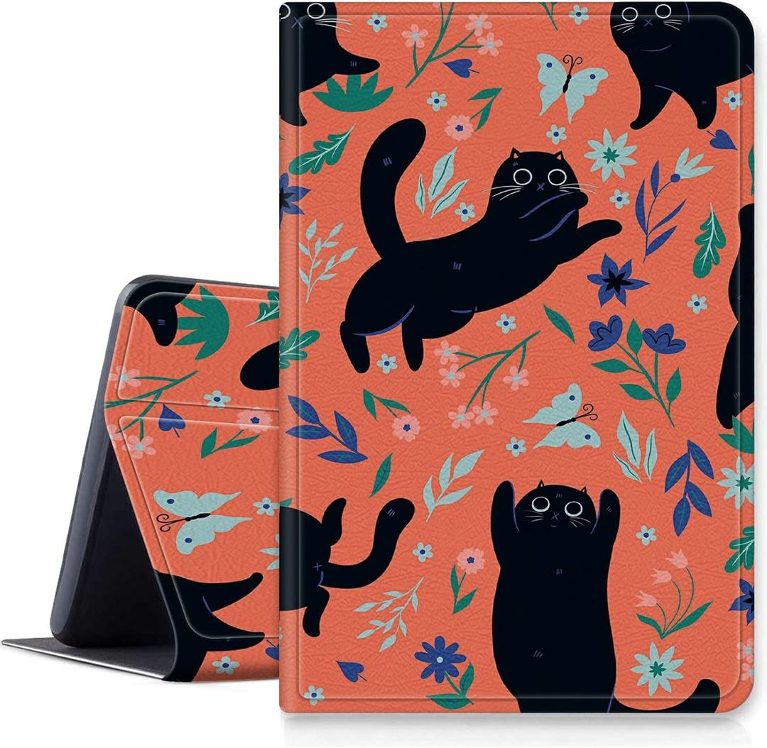 Black Cat Flowers Case Compatible with Amazon Fire HD 10 10.1-Inch Tablet (7th Generation and 9th Generation,2017 and 2019 Release), Smart Folding Stand Cover with Auto Wake/Sleep