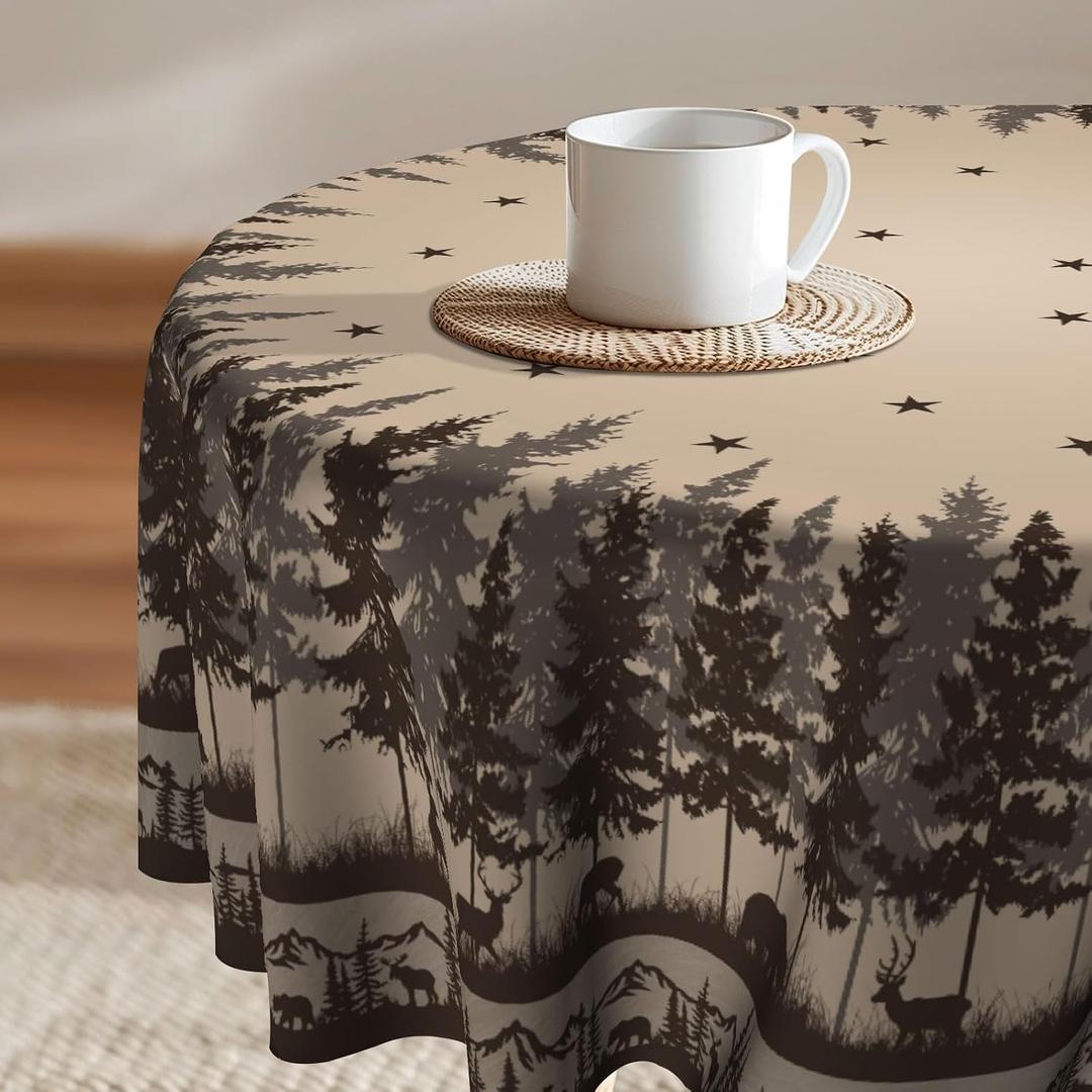 Imiss Rustic Bear Deer Round Tablecloth 60 Inch Forest Wild Animal Circular Table Cover Wrinkle Resistant Farmhouse Style Tabletop for Outdoor Party Picnic Dining