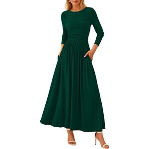PRETTYGARDEN Women's 2025 Fashion Trendy Fall Long Sleeve Dresses Ruched Flowy Elegant Modest Boho Casual Beach Maxi Dress (Green, XS)