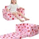 Kids Sofa for Toddler, 2-in-1 Toddler Couch Fold Out, Convertible Sofa to Lounger Bed for Girls and Boys, with Removable Cover & Double Pockets - Pink Strawberry