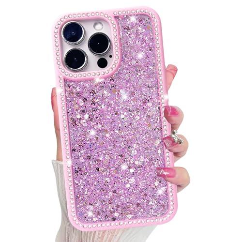 for iPhone 16 Pro Case, Sparkly Crystal Diamonds Rhinestone Border with Shiny Glitter Sequins Phone Cover for Women Girls, Transparent TPU Bling Slim Protective Case for iPhone 16 Pro