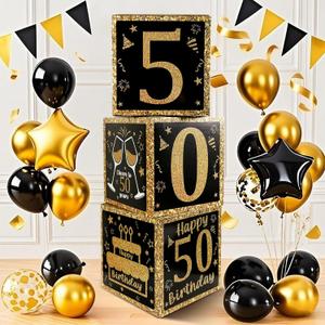 50th Birthday Decorations for Men Women, 3PCS Black and Gold Happy 50 Year Old Birthday Party Supplies Table Decorations, 50th Birthday Balloons Boxes Decor