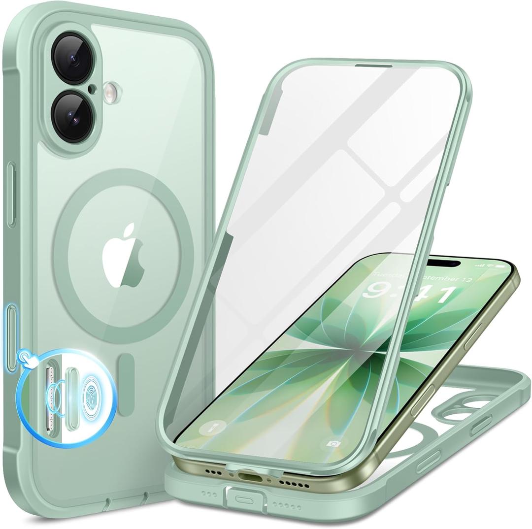 BERFY for iPhone 17 Case, Compatible with MagSafe, Built-in Glass Screen Protector, Camera Protection, Shockproof Full Body Phone case 6.3", Clear Green