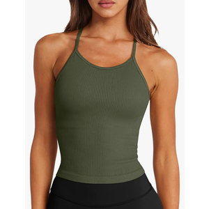LASLULU Womens Sports Bra Seamless Long Crop Tank Racer Back Spaghetti Strap Workout Yoga Bra Padded Halter Neck Casual Tops M
