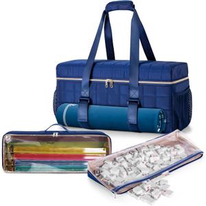 Teamoy 3 Pcs Empty Mahjong Bag, American Mahjong Set Bag with Tiles Bag and Racks & Pushers Bag, Mahjong Tile Set Bag with Game Mat Magic Tape, Dark Blue