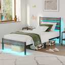 Twin Size Bed Frame with Charging Station, LED Light Metal Bed Frame with Wooden Headboard, No Box Spring Required, No Noise, Easy Assembly, Light Grey