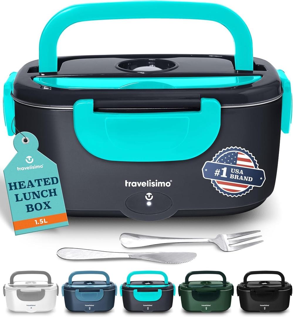 TRAVELISIMO Electric Lunch Box for Adults 100W Heated Lunch Box For Men 1.5L Stainless Steel Portable Food Warmer, 12/24/110V for Travel & Work, Loncheras Electricas Para Calentar Almuerzo (Neon Blue)