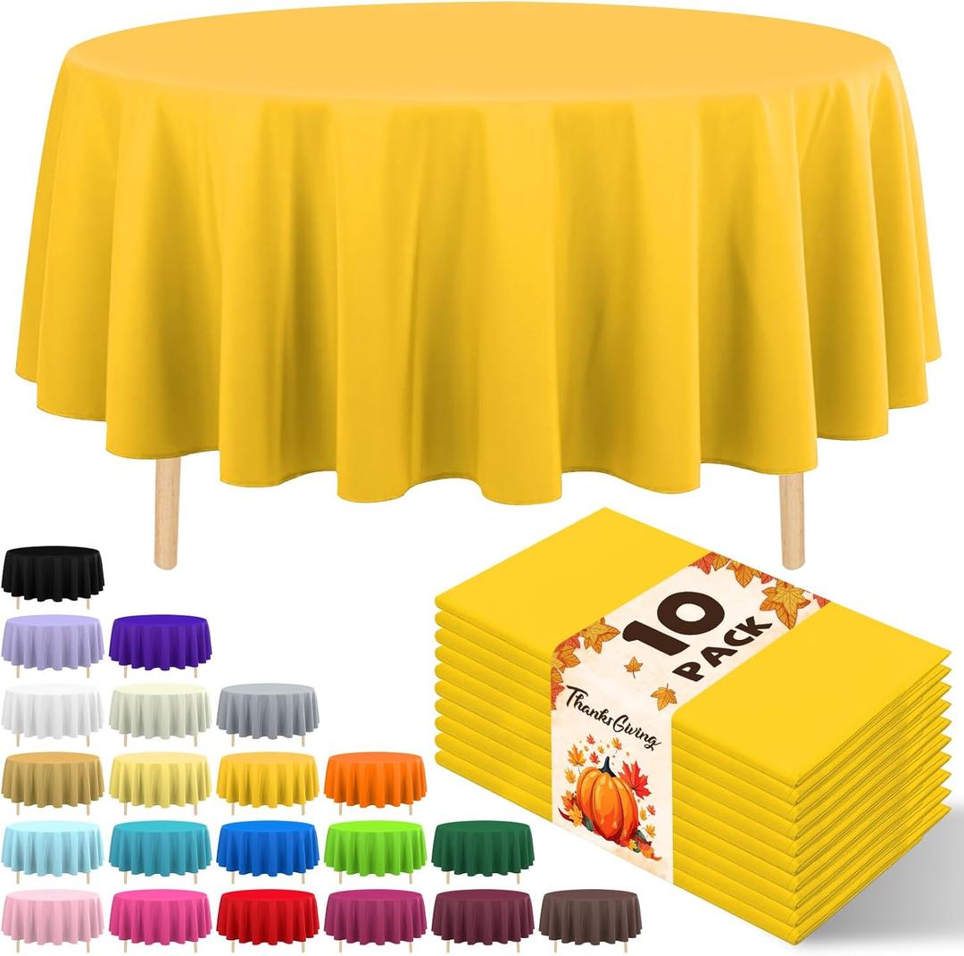 10 Pack Premium Disposable Plastic Tablecloth 84" Round Table Cover for Birthdays Weddings Christmas Anniversary Buffet Table (Yellow)