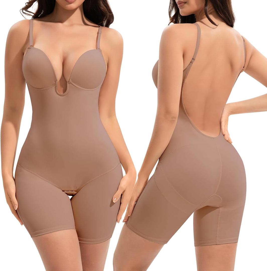 Slimers Backless Shapewear Tummy Control: Low Back Plunge Shapewear Bodysuit - Slimming Built-In Bra Full Body Shaper Woman (Medium, Skin-Pink)