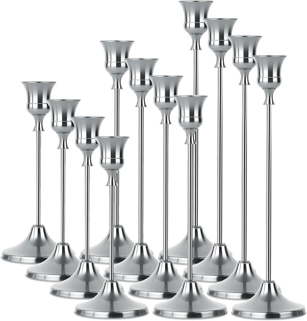Silver Taper Candle Holders 4 Sets(12 Pcs) - Tall Metal Candlestick Holders for Table Centerpiece, Formal Dinner, Wedding, Fireplace Mantel Decor, Fits 3/4 Inch Thick Candles