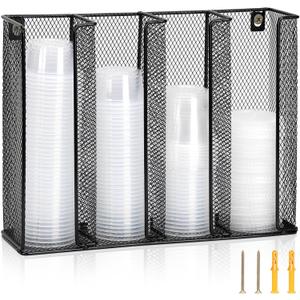 Wall Mount Portion Sauce Cup Lid Organizer 4 Compartments Iron Sauce Cup Dispenser Black Cup and Lid Holder Organizer Fits Cups Size 2 to 5.5 oz For Kitchen Counter Restaurant Coffee Bar 13x10x3.3 In