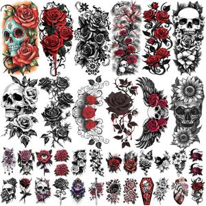 77 Sheets Flowers Skeleton Skull Temporary Tattoo for Women Men, 17 Half Arm Dark Gothic Punk Rocker Butterfly Fake Tattoos, 60 Scary Halloween Cosplay Tiny Adult Kid Body Tattoos Stickers Realistic