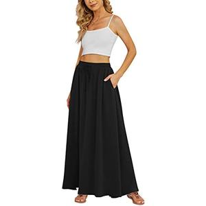 Yincro Women's Flowy Maxi Skirt Summer Pleated High Waisted Casual Long Skirts with Pockets, Large