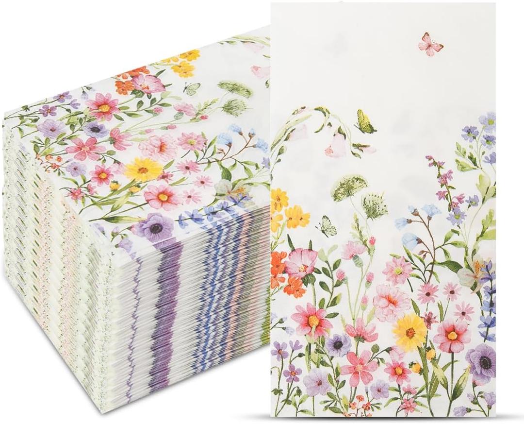 100Pcs Disposable Floral Paper Napkins Decorative Bathroom Napkins Guest Disposable Wild Flower Hand Towels Dinner Party Napkins for Wedding Birthday Party Baby Shower