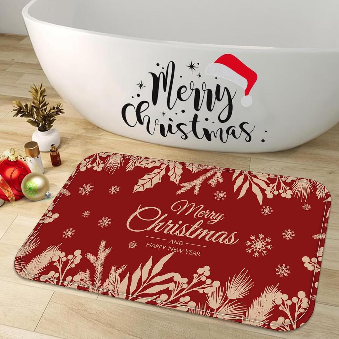 Merry Christmas Bathroom Rugs Red Beige Mat Snowflake Xmas Branches Leaves Bath Rug 24 x 16 in Water Absorbent Non Slip Washable Shower Mat Memory Foam Bath Mats for Bathroom Decor