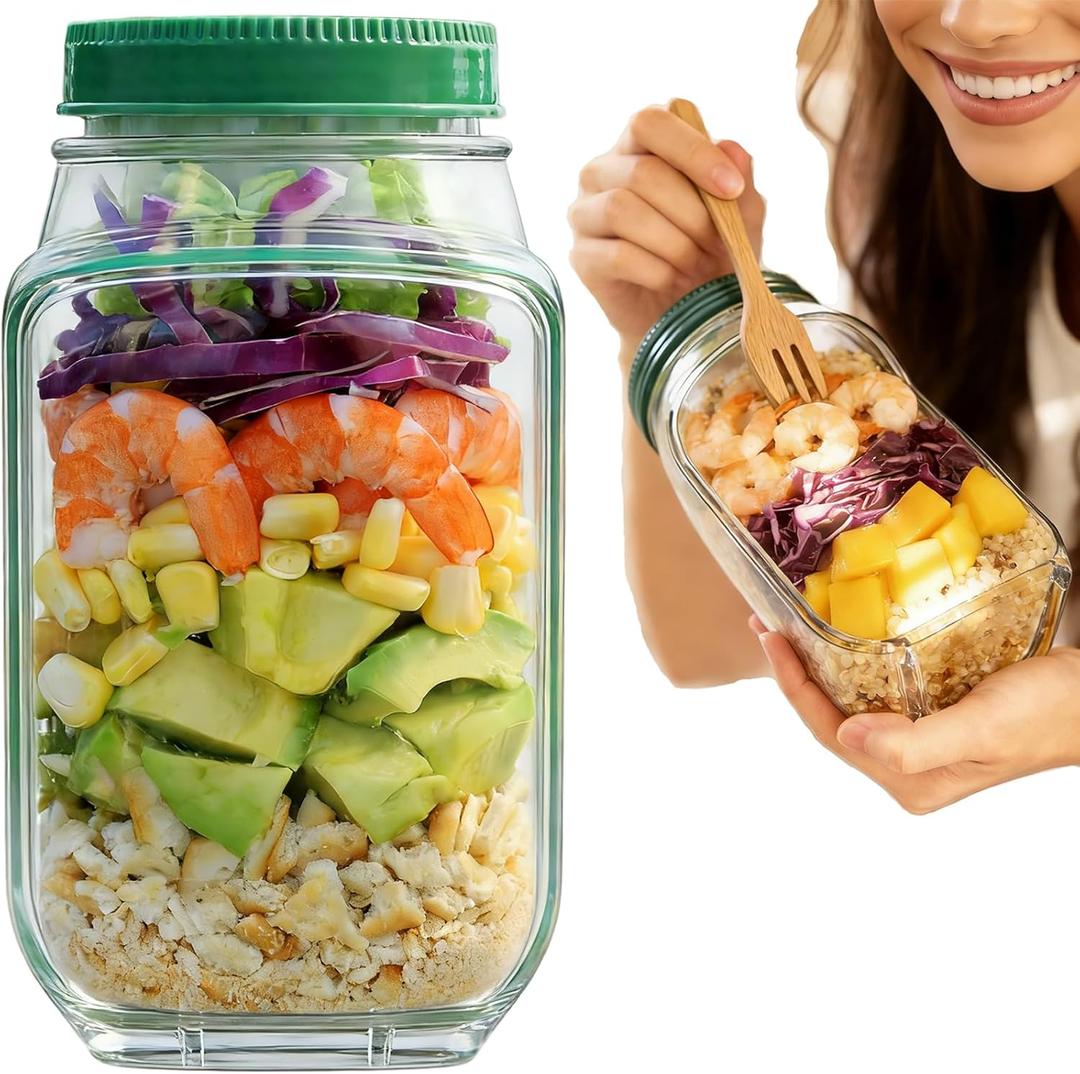 4 x TOPMELON Salad Pod Mason Jar with Side Open, Portable Salad Container, Salad Jar with Dressing Cup, Suitable for Work, Outdoor, Travel (1Pcs)