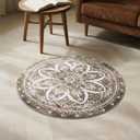 Carvapet 2ft Small Round Rugs - Vintage Washable 24 inch/61 cm Non-Slip Circle Rug with Rubber Backing Foldable Low Pile Design for Entryway Living Room Bedroom, Brown Rug