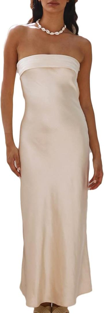 Realtix Satin Silk Backless Tube Tops Maxi Dress for Women Low Back Hollow Out Elegant Strapless Long Dresses Wedding Guest (Small, Champagne)