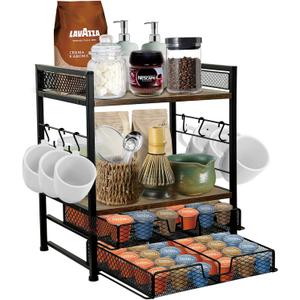 Coffee Station Organizer for Countertop, 2 Tier Coffee Pod Organizer Holds Up To 60 K, Matcha Station, Mug Cup Holder Stand with 6 Hooks, Multifunctional Shelf for Tea Coffee Bar Accessories (1 Piece)