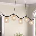 Modern Linear Globe Chandelier Black 5-Lights Dining Room Chandeliers Over Table Mid Century Linear Chandelier Adjustable Height Clear Glass Globe Pendant Light for Farmhouse Kitchen Island