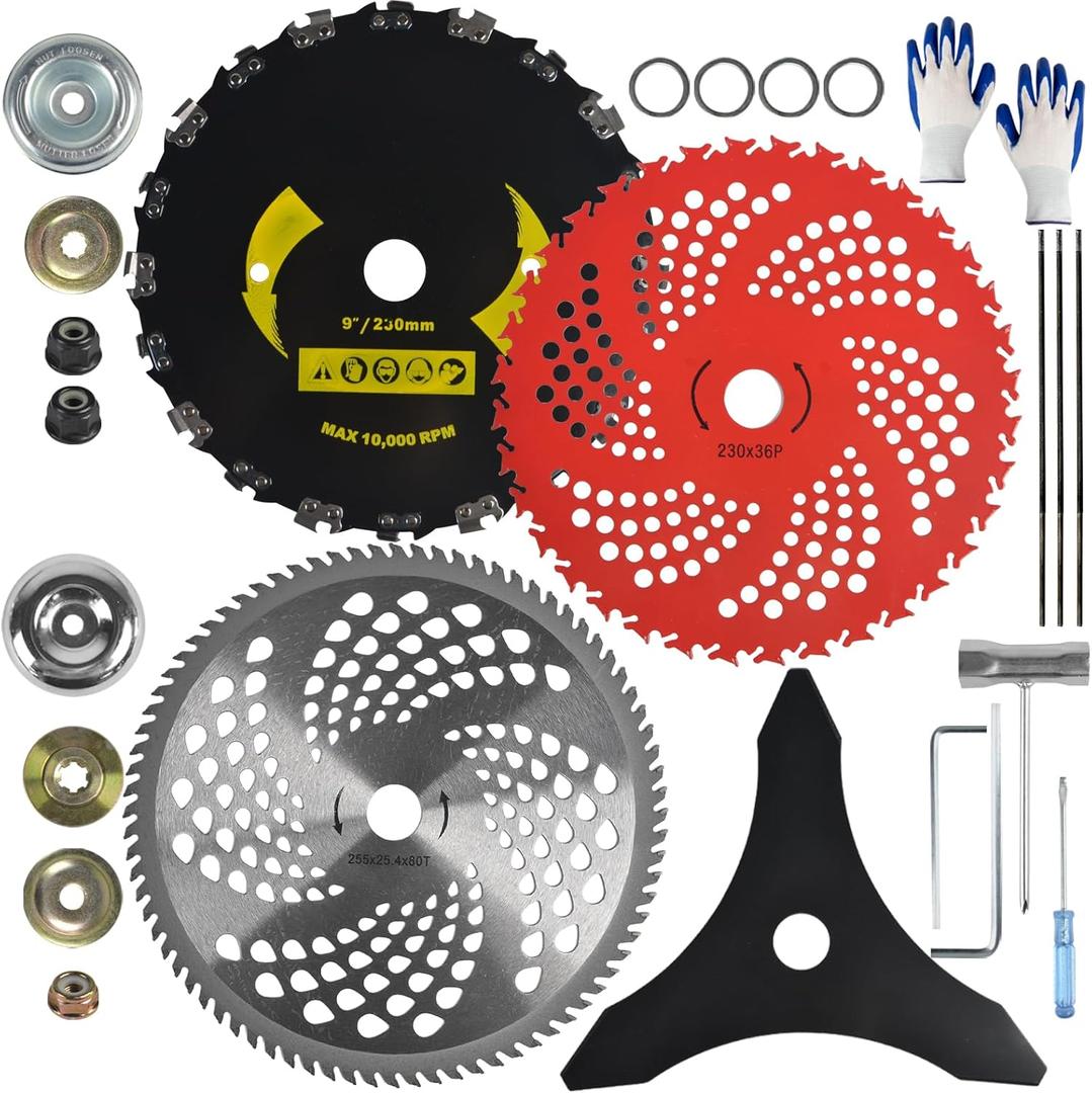 9"x36 Teeth Carbide Tipped Blades & 9"x20T Carbon Steel Round Chainsaw Tooth Brush Blades & 10"x80T Carbide Tip Brush Blades & 10"x3T Cutter Weed Eater Blades with Adapter Kit for Trimmer, Weed Eater
