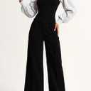 LAJIOJIO Women's 2 Piece Outfits Casual V Neck,Puff Long Sleeve Tops and Wide Leg Pants Sets with Pockets, Large