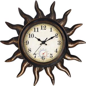Sun Outdoor Clock with Thermometer - Silent Non-Ticking Retro Decorative Wall Clock, Waterproof for Patio, Garden, Pool, Bathroom, Kitchen - 13 Inch, Bronze