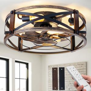 Passky 20" Farmhouse Flush Mount Ceiling Fans with Lights and Remote, Industrial Black Caged Low Profile Fandelier, 6 Speeds Bladeless Ceiling Fan for Bedroom, Kitchen, Living Room (Black Brushed Gold)