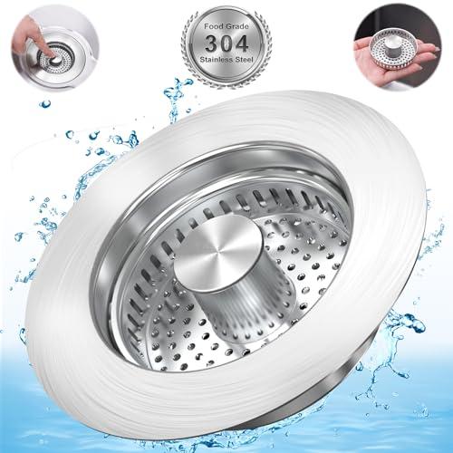 Upgraded 3 in 1 Kitchen Sink Drain Strainer Stopper, Brushed Stainless Steel SUS 304 Pop Up Sink Drain Stopper for Standard 3-1/2 Inch Drain Anti-Clogging Odor Prevention