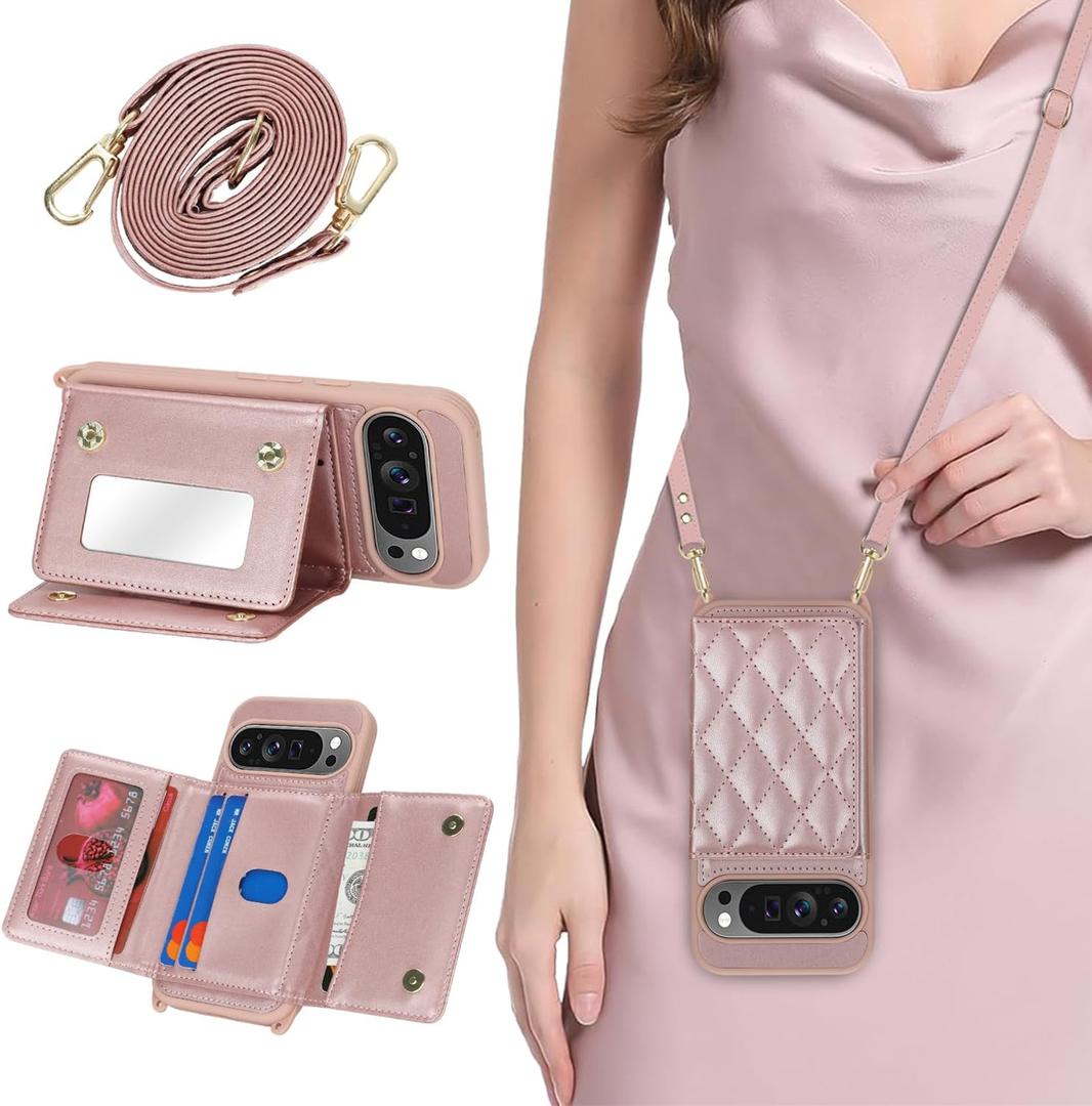 For Pixel 10/10 Pro Case with Card Holder and Strap for Women,Crossbody Lanyard, Make Up Mirror,Snap Clasp,Cute Phone Wallet Cases - Dark Rose Gold