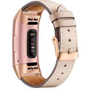 Mornex Leather Band Compatible with Fitbit Charge 3 and Charge 4, Metal Rose Gold Connectors and Apricot Leather