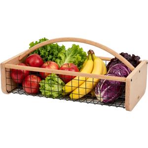 Garden Hod Harvest Basket, Wooden Garden Harvest Basket with Metal Mesh, Vegetable Gathering Basket for Fruit Picking, Rinse & Drain Gardening Basket for Kitchen, Picnic, Farmhouse Decor-Big