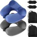 Sintuff 2 Pcs Inflatable Travel Pillow with Compact Bag and Blindfold Velvet Inflatable Neck Airplane Pillow Washable Cushion for Airplanes Flight Car Long Traveling Kids Adults Grey Blue