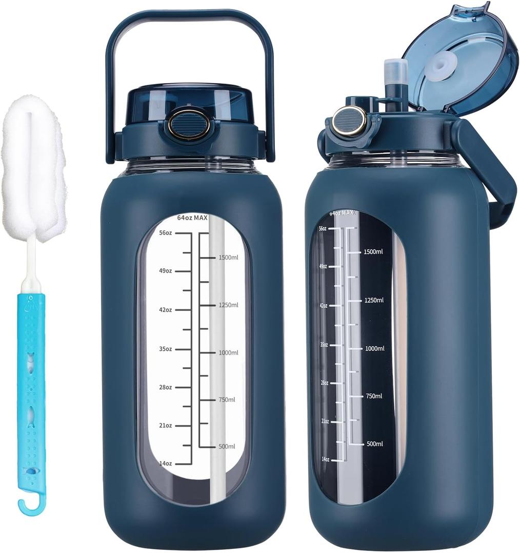 64oz Glass Water Bolttles with Straw Half Gallon Large Motivational Water Bottle with Time Marker Sports Water Bottles with Silicone Sleeve and Handle Lid Water Jug for Gym Workout (Dark Blue)
