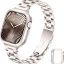 Slim Metal Band for Apple Watch Bands for Women 45mm 44mm 42mm(S3) iWatch Bands with Protective Case, Stainless Steel Thin Dressy Strap for Apple Watch Band Series 9 8 SE 7 6 5 4 3-Starlight