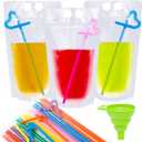 50 Pcs Drink Pouches, Juice Pouches for Adults, Reusable, Reclosable Zipper Smoothie Bags for Cold & Hot Drinks with 50 Straws & Silicone Funnel