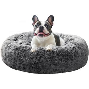 JOLLYVOGUE Calming Dog Bed Medium Size Dog, Anti-Anxiety Donut Medium Pet Bed, 27 inches Fluffy Faux Fur Round Cat Bed (Smoke Black) (27.0"L x 27.0"W x 8.0"Th, Dark Grey)